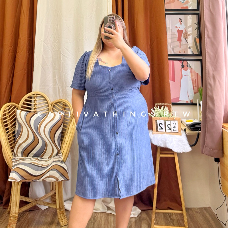 PLUS SIZE XL 3XL Kyline Square Neck Button Down Dress Midi Puff Sleeve Garterized w Pocket Shopee Philippines