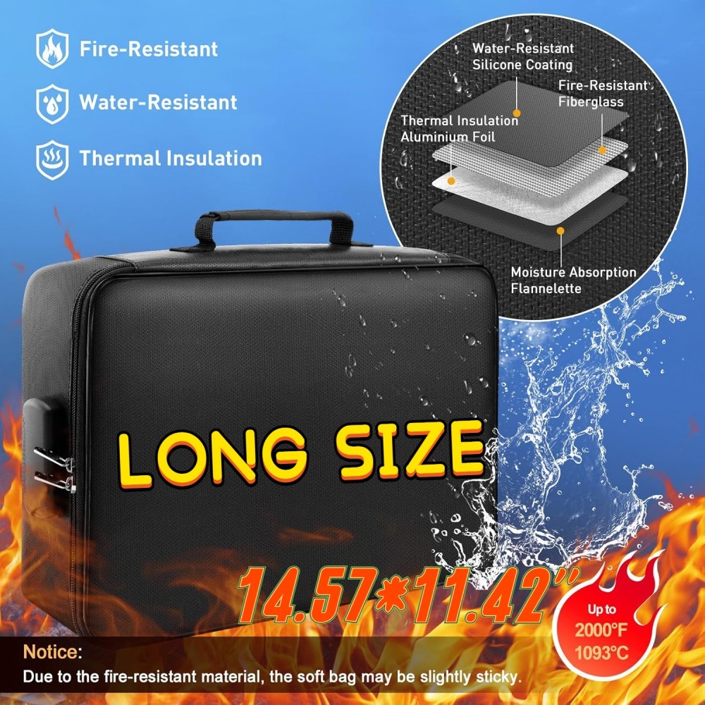 Long 3 Layer Fireproof Waterproof Document Bag File Organizer Document ...