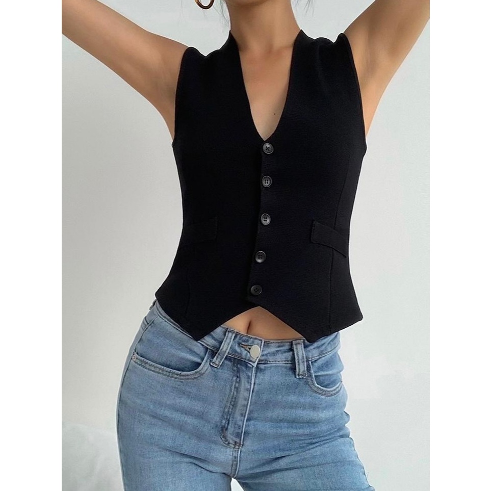 Jolly Chic Button Down V-neck Simple Chic Knitted Vest Top 757 | Shopee ...