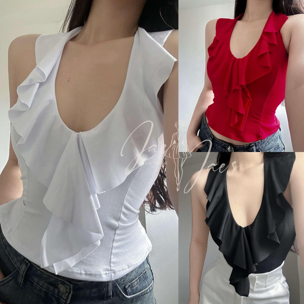 Aiah V-Neck Classy Ruffle Halter Cotton Basic Body Hugging Top For ...