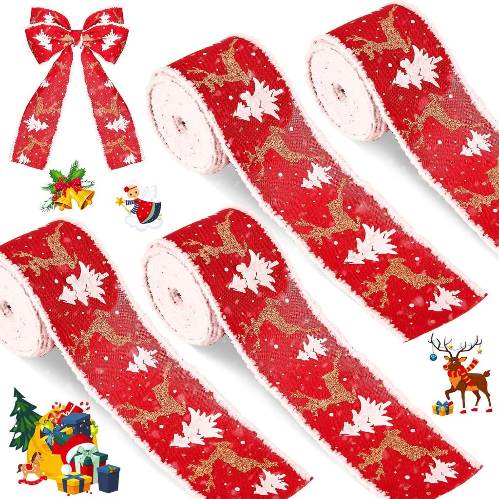 5 Yard Christmas Ribbon Fabric Swirl Ribbon Print With Wired Edge Elk ...