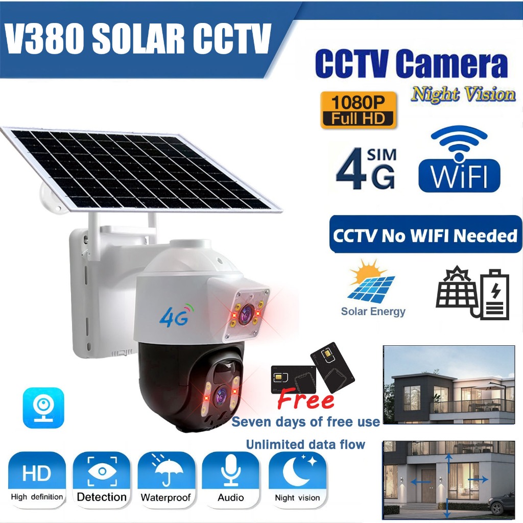 V380 Solar Dual Lens CCTV Camera Outdoor Waterproof No Wifi Needed ...