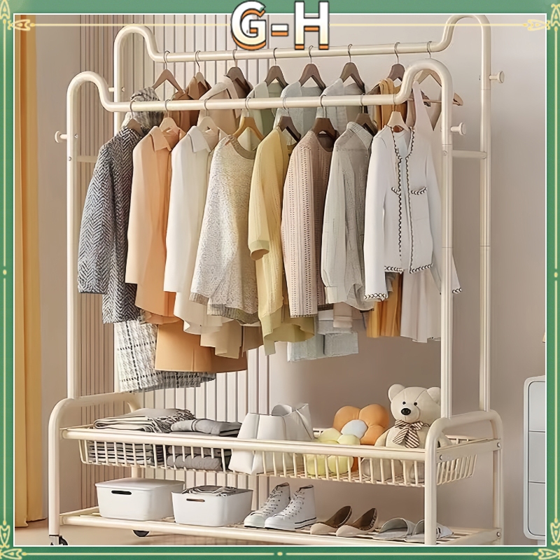 Double Pole Floor Coat Rack Multi Hanging Clothes Hanger Rack Organizer ...