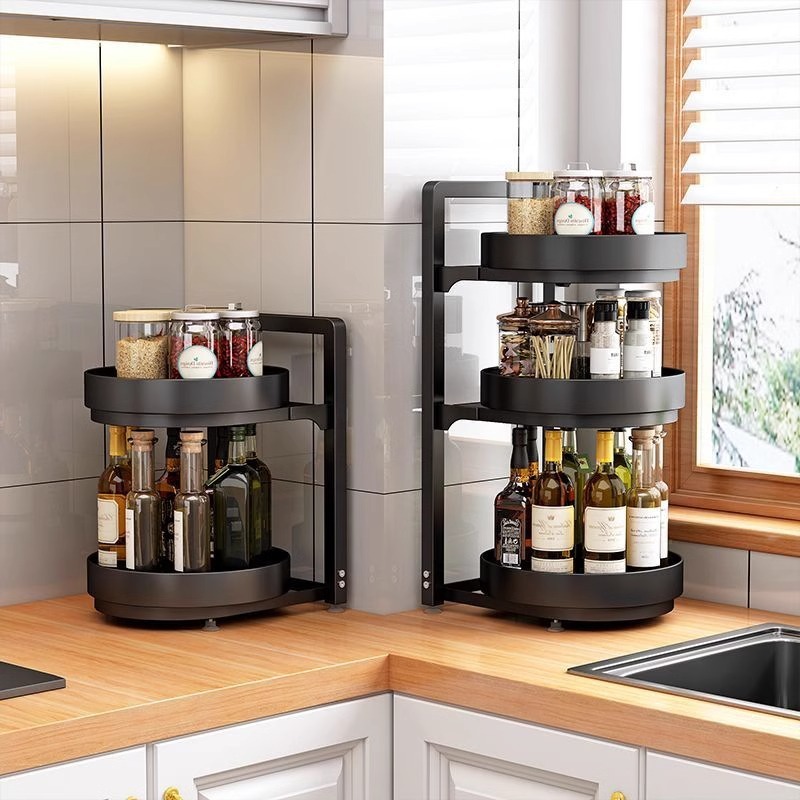Metal Kitchen Rotatable Condiment Organizer Black Adjustable Spice Rack ...