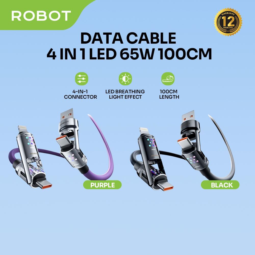 Robot RTF01 Data Cable Fast Charging 65W 4-in-1 Connector 100cm RGB ...