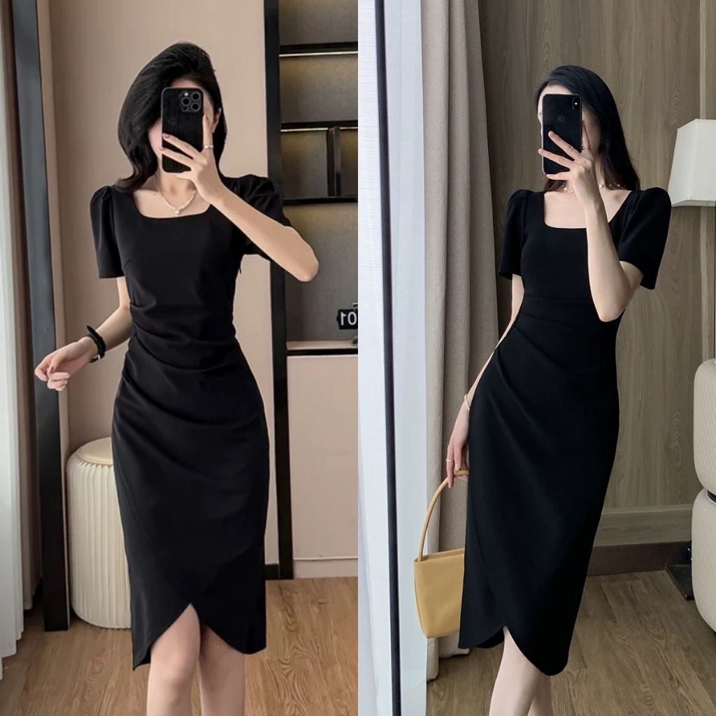 korean summer black midi dress with sleeves semi formal dress elegant slit  dress for woman casual xl | Shopee Philippines