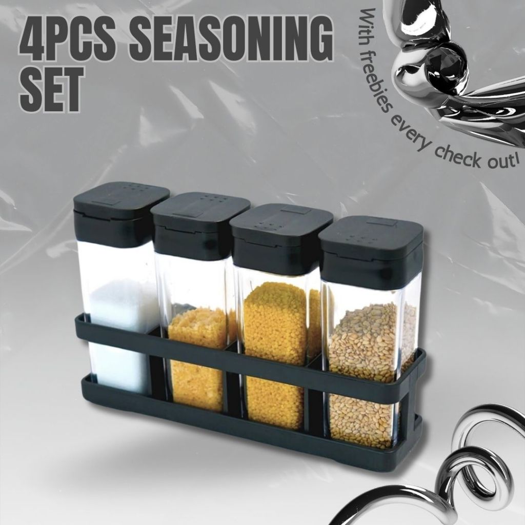 4pcs Spice Shaker Set with Rack | Sliding Lid Seasoning Containers ...