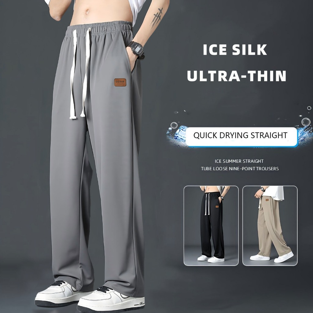 Baggy Jogging Slocks Pants Ice Silk Loose Straight Plus Size Casual Sports  For Men Fabric Menswear