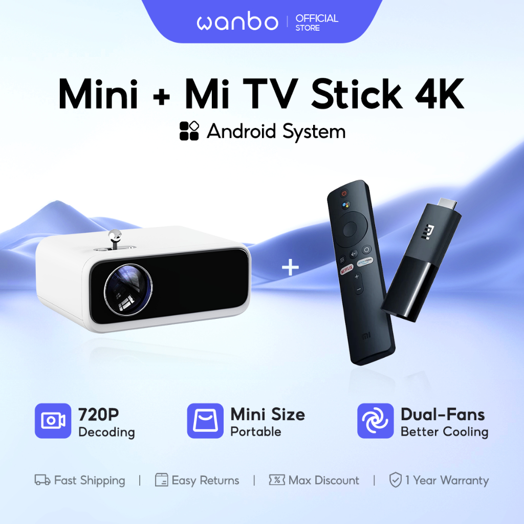 Wanbo Mini + Xiaomi TV Stick 4K Portable Projector Home Cinema Low