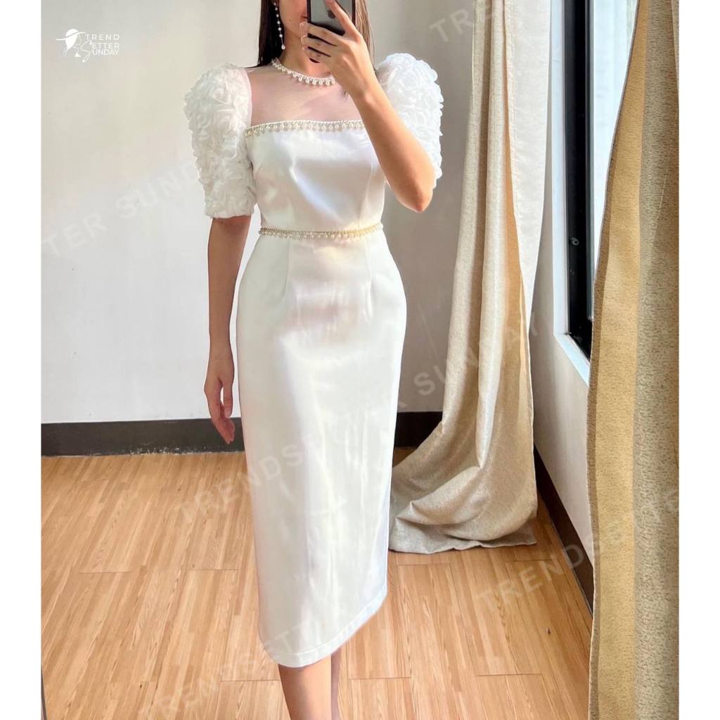 White Modern Filipiniana Dress with Pearl Accent Modern - Main Image