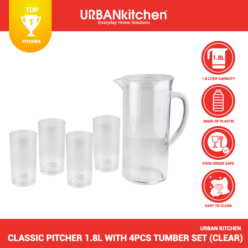 Urban Kitchen Classic Pitcher 1.8L With 4Pcs Tumber Set--Clear | Shopee ...