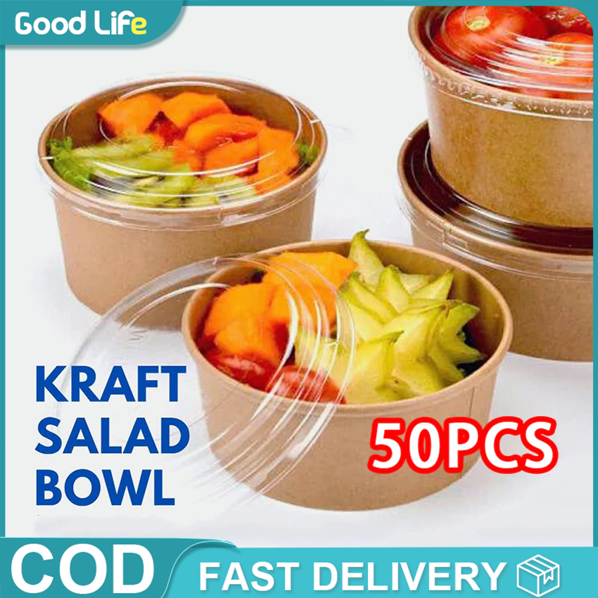 Kraft Salad Bowl 50 Pcs Round Disposable Paper Bowl with Plastic Lid ...