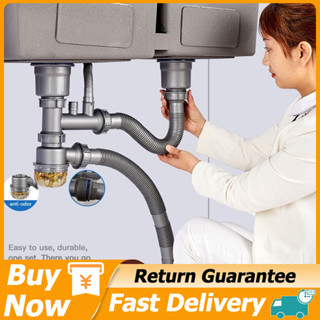 Stainless Steel Kitchen Double Sink P Trap Hose And Sink Strainer Drainer Anti Return Odor