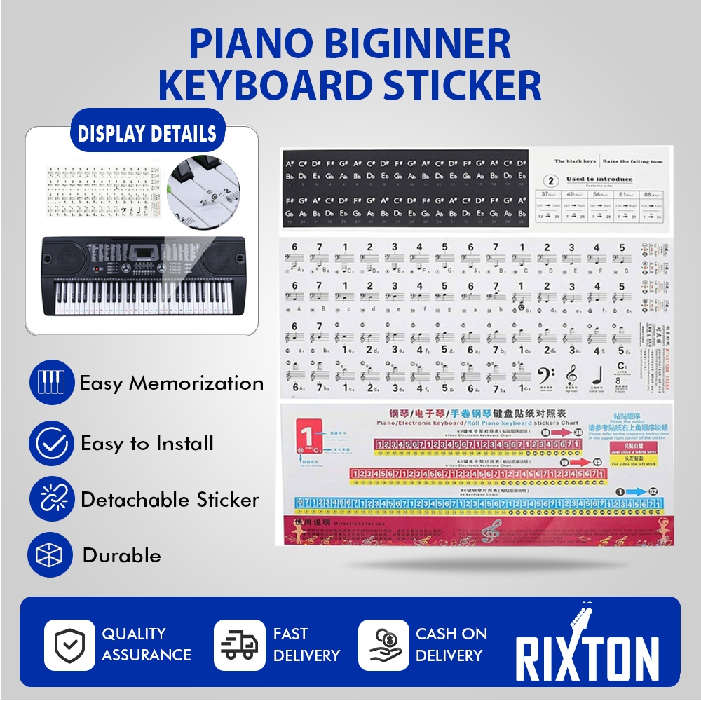 RIXTON Piano Keyboard Stickers for 37/49/54/61/88 keys Detachable ...