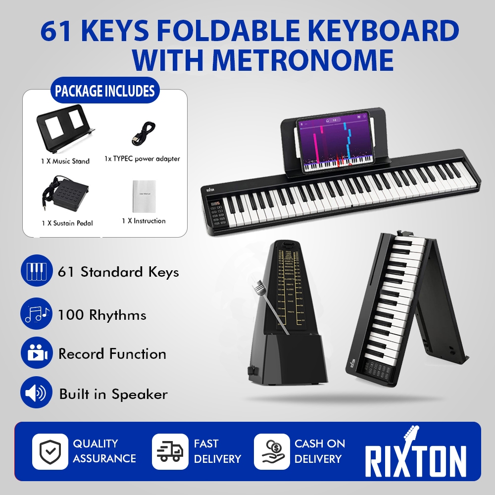 RIXTON Foldable 61 Keys Keyboard Folding Piano Keyboard Size Semi Weighted With Metronome