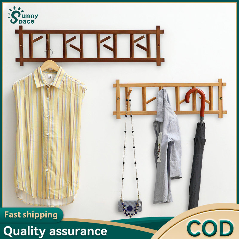 Clothes hanging rack solid wood hook hole simple retro Japanese porch ...