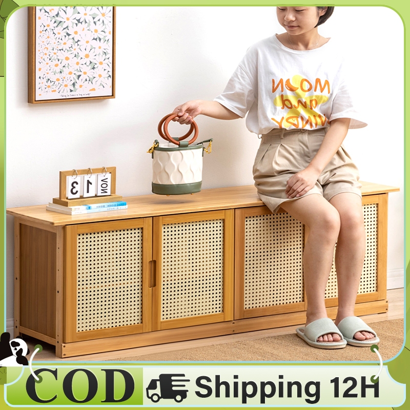 【On Hand】Shoe Cabinet Wooden Door With Cover Rattan / Bamboo Shoe Rack ...