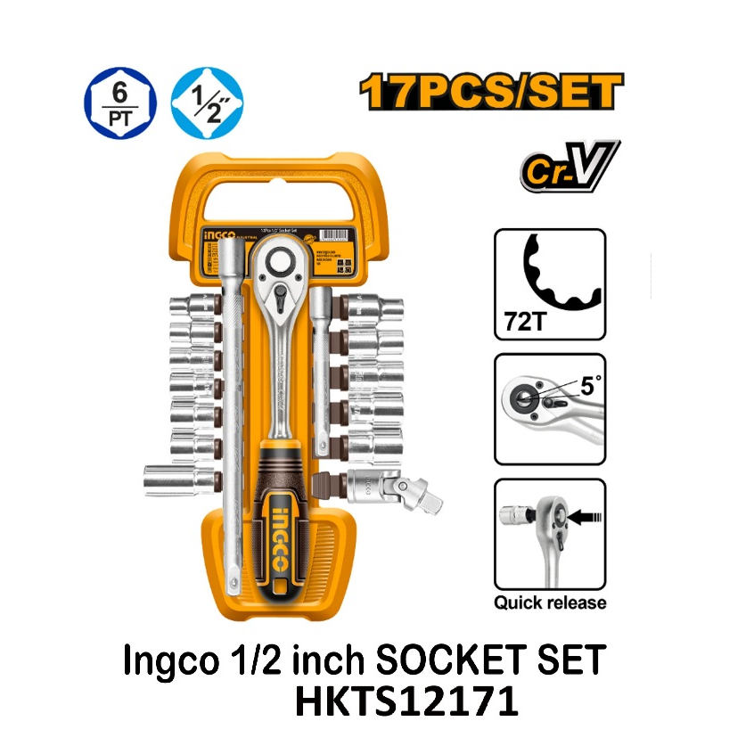Ingco 17PCS 1/2 inch SOCKET SET Heavy-Duty Ratchet Set Multi-Size ...