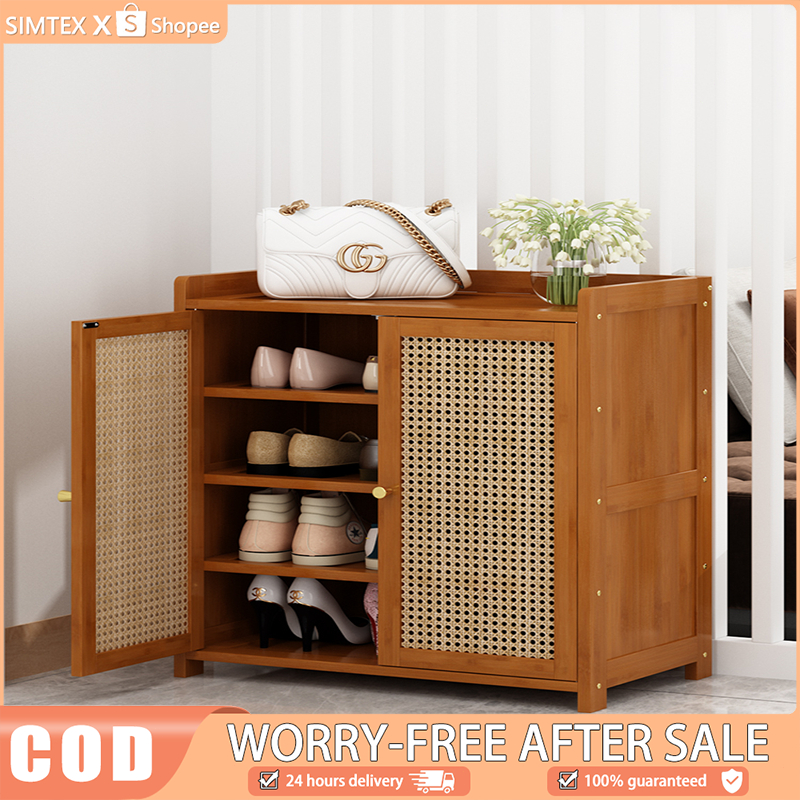 Shoe Rack 5 Layers Bamboo Shoe Cabinet With Cover Rattan Shoe Rack ...