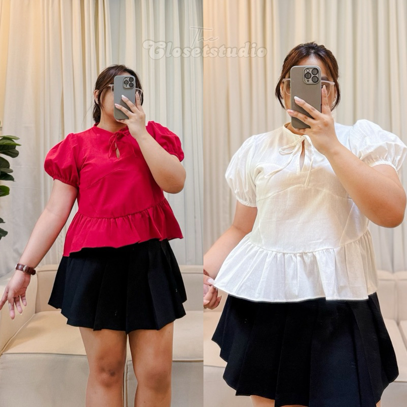 STACEY — LINEN RIBBON PUFF SLEEVES PEPLUM TOP PLUS SIZE | Shopee ...