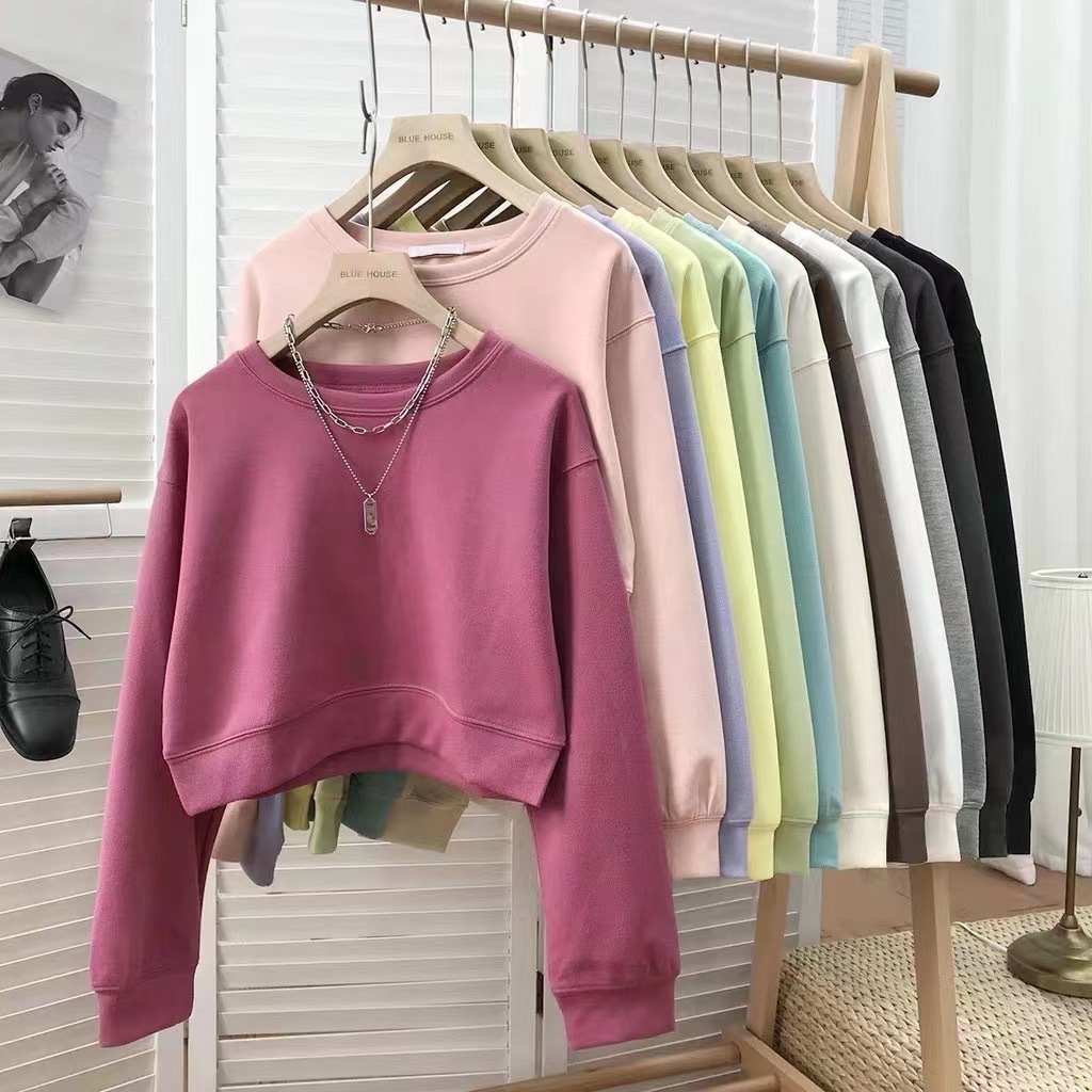 Crew Neck Crop Top Long Sleeve cotton Casual Women Clothes High Waist ...