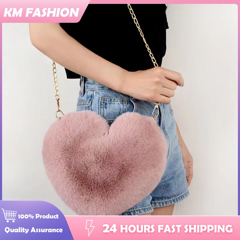 KM Cute Chain Shoulder Sling Bag for women Korean Fashion Heart Fur ...