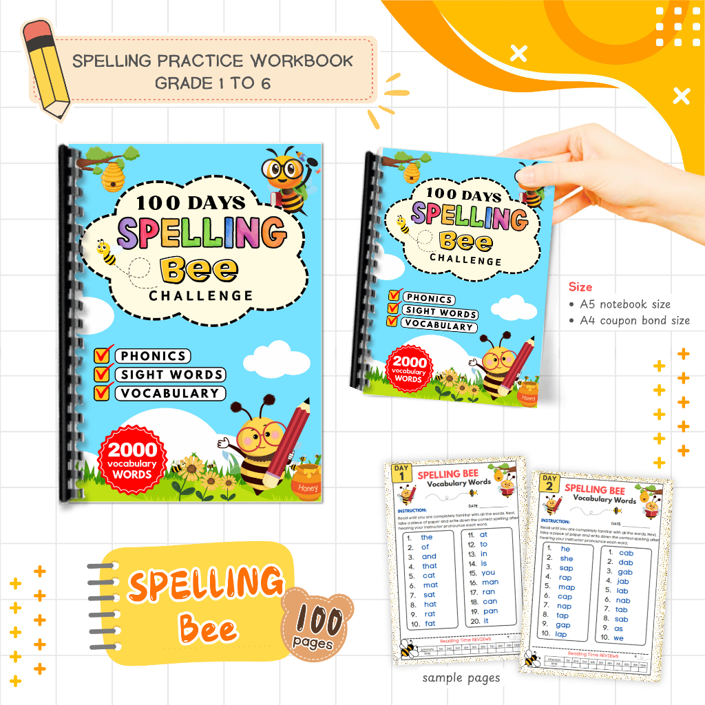 100 pages SPELLING Practice Workbook Grade 1 to 6 -black and white only ...