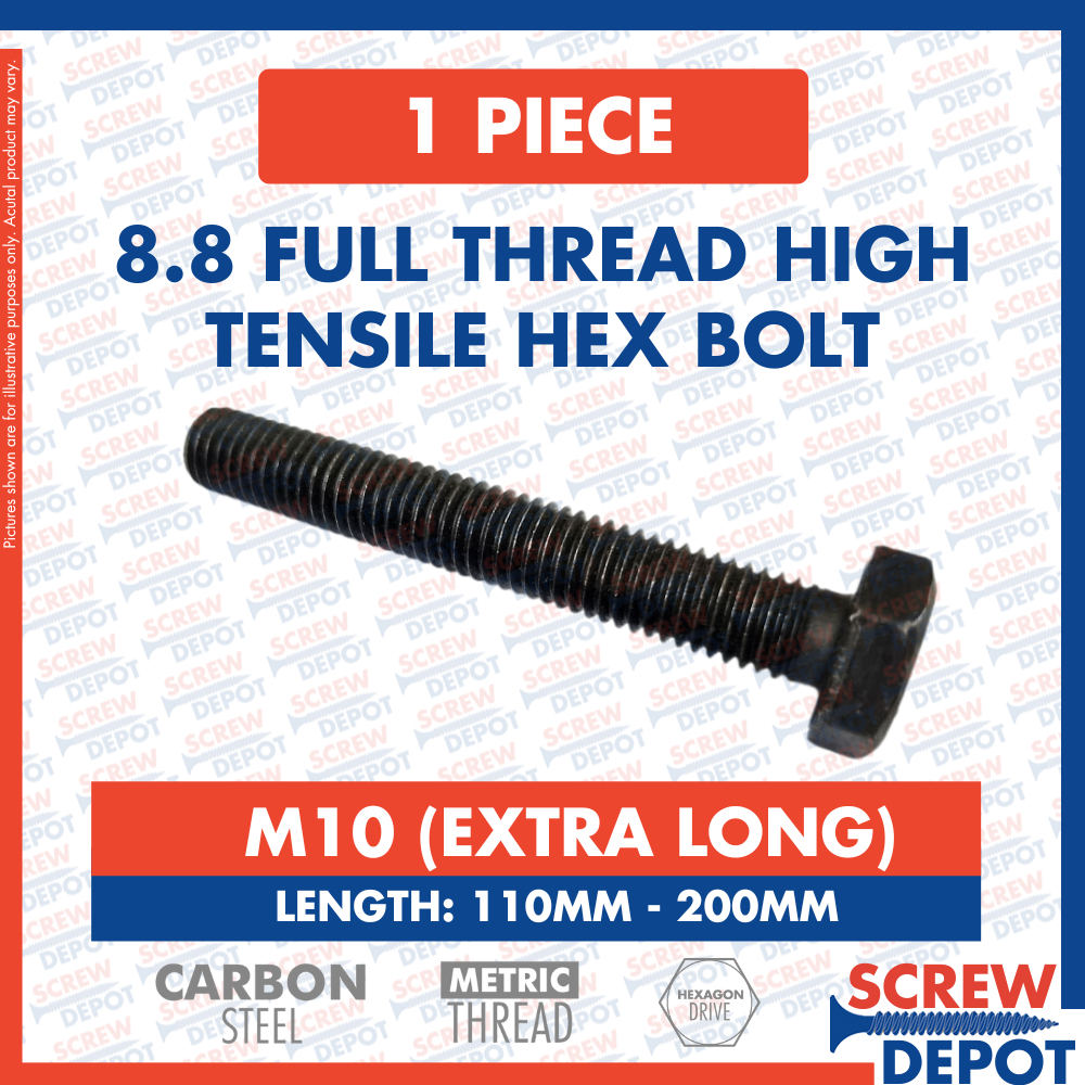 1PC M10 (10MM) x 110MM ~ 200MM FULL THREAD High Tensile Hexagonal Bolt ...