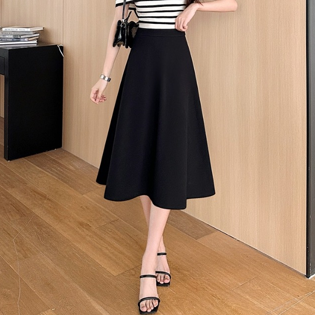 High Waist Midi Skirt A-Line Cut Style Flowy Stretch Full Garter M and L  #1807-1