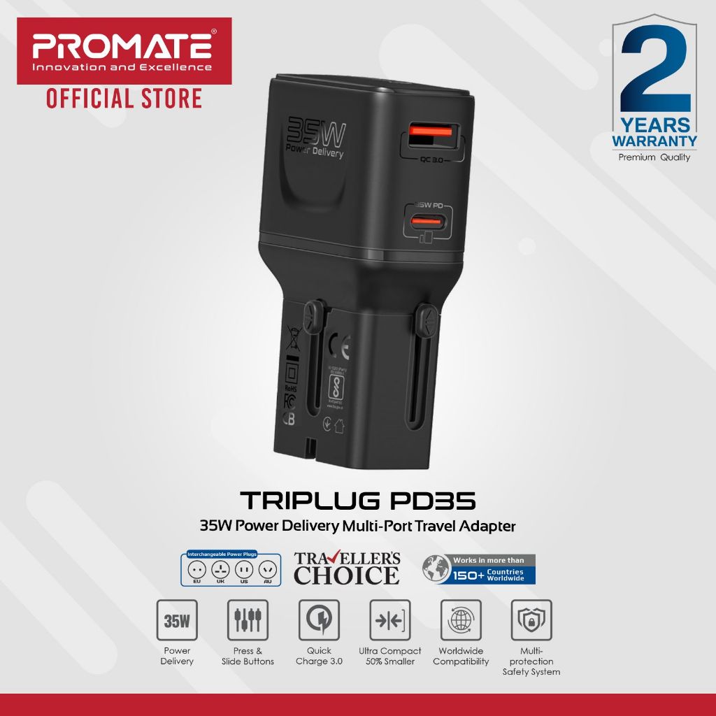 Promate TriPlug-PD35 35W Power Delivery GaNFast Universal Adapter ...