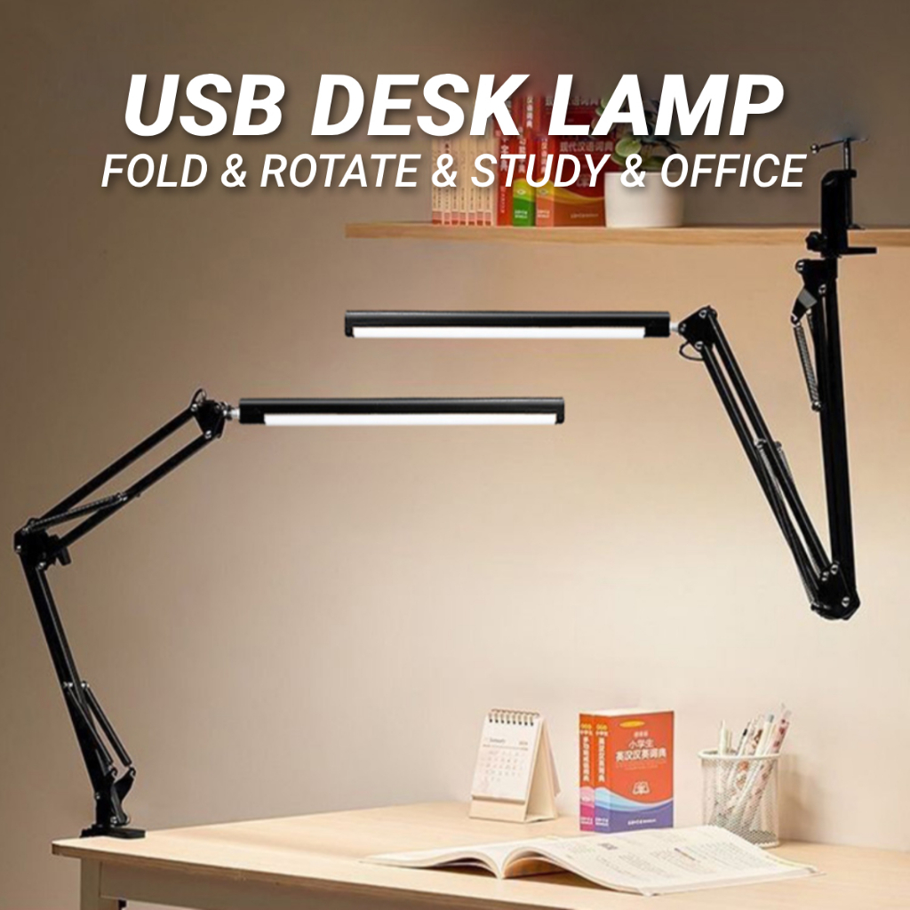 LED Folding Metal Desk Lamp Clip On Light Clamp Long Arm Dimming Table Lamp  Adjustable