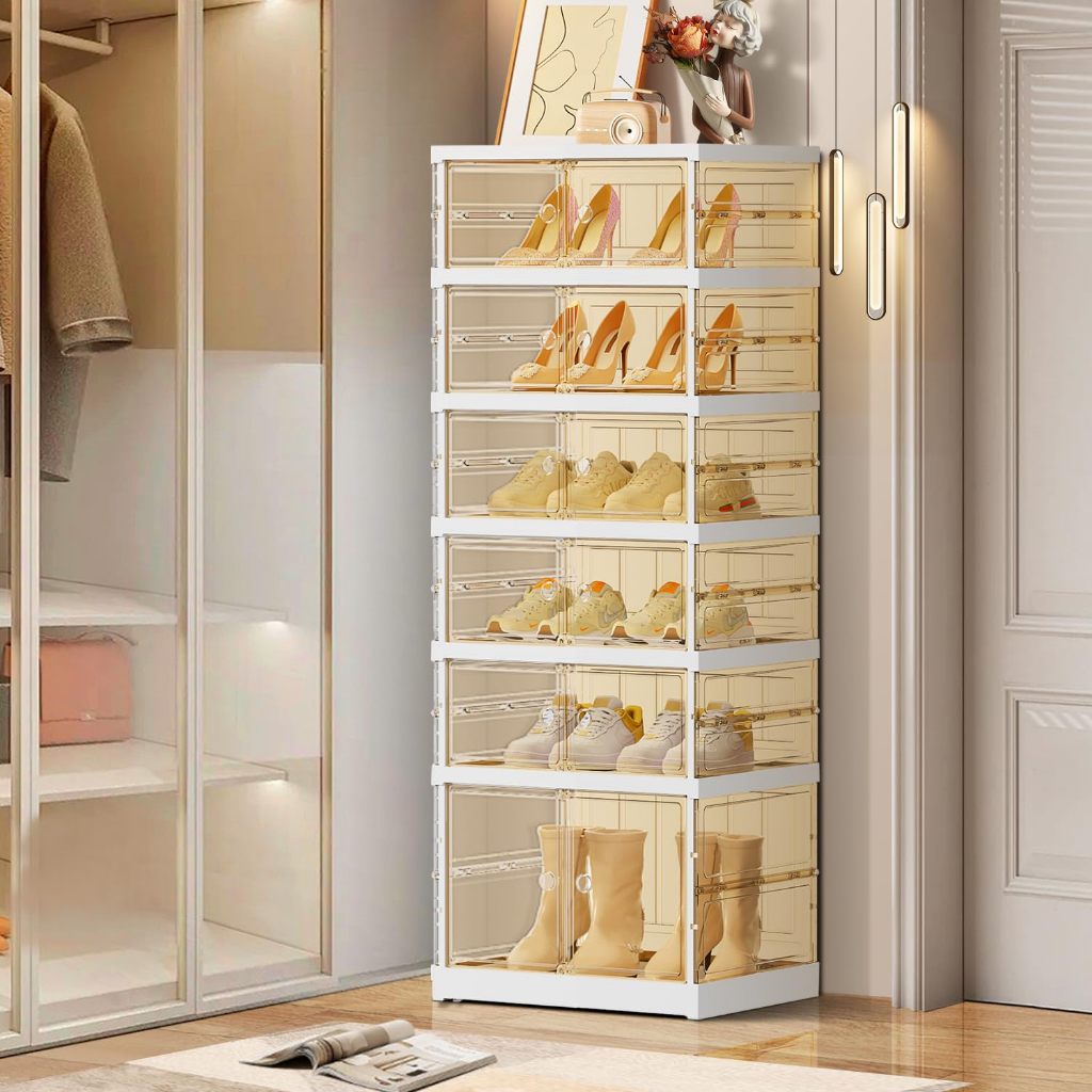 Foldable Shoe Rack Tier Stackable Clear Storage Box with Door – Easy ...