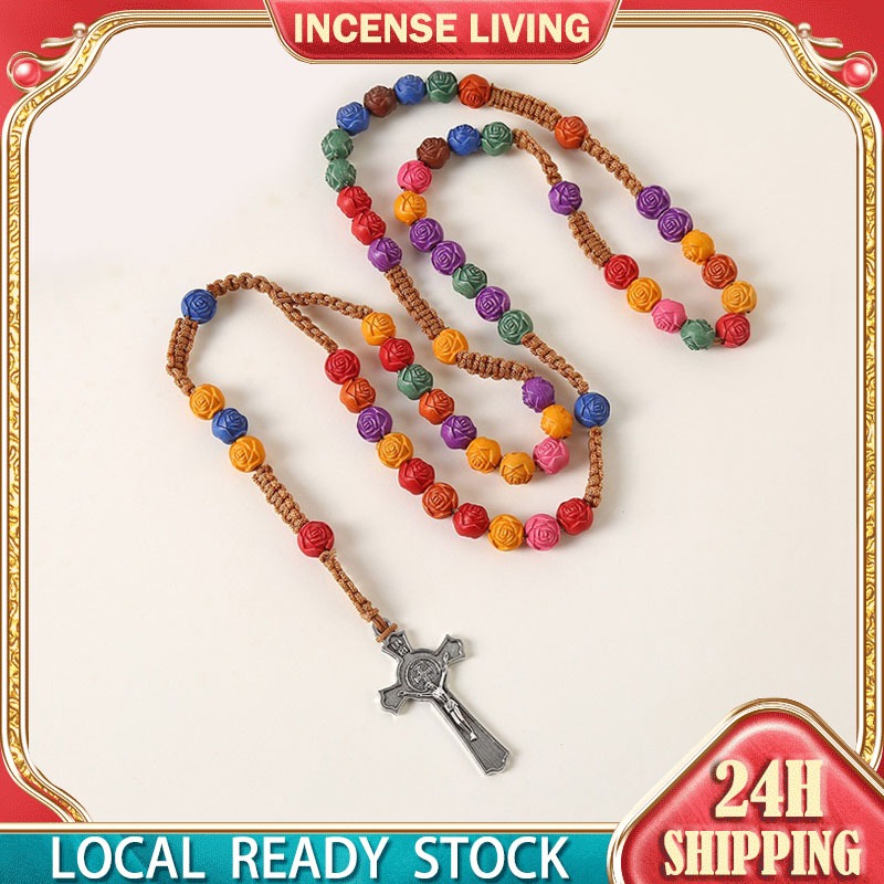 10mm Color Rosary Necklace St Benedict Plastic Rosary Catholic Cross ...
