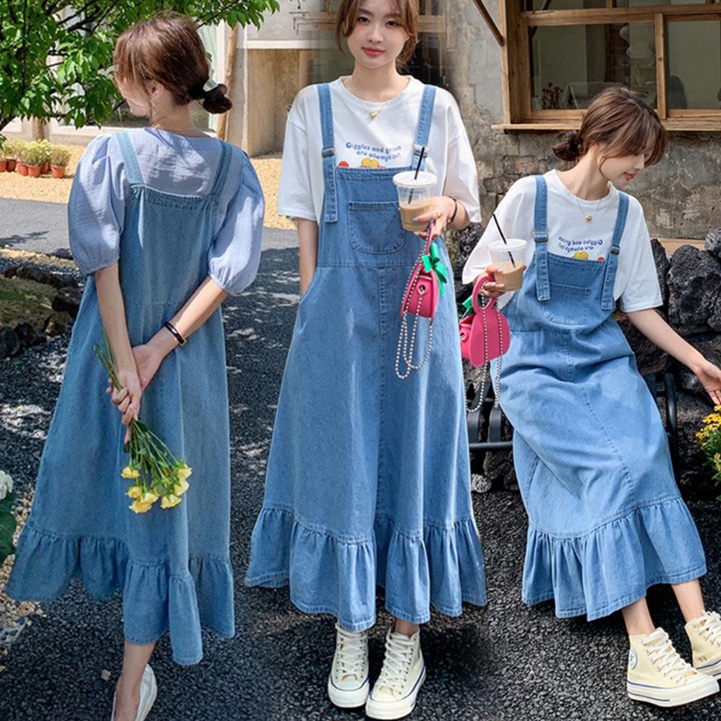 PLUS SIZE~Long Suspender skirt Denim Dress baggy loose midi High Waist  A-line Korean Women Casual | Shopee Philippines