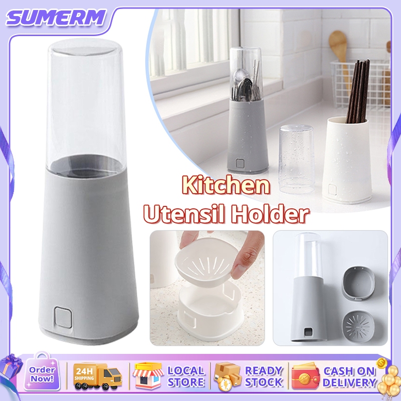 Kitchen Utensil Holder Chopstick Spoon Fork Storage Rack with Cover ...