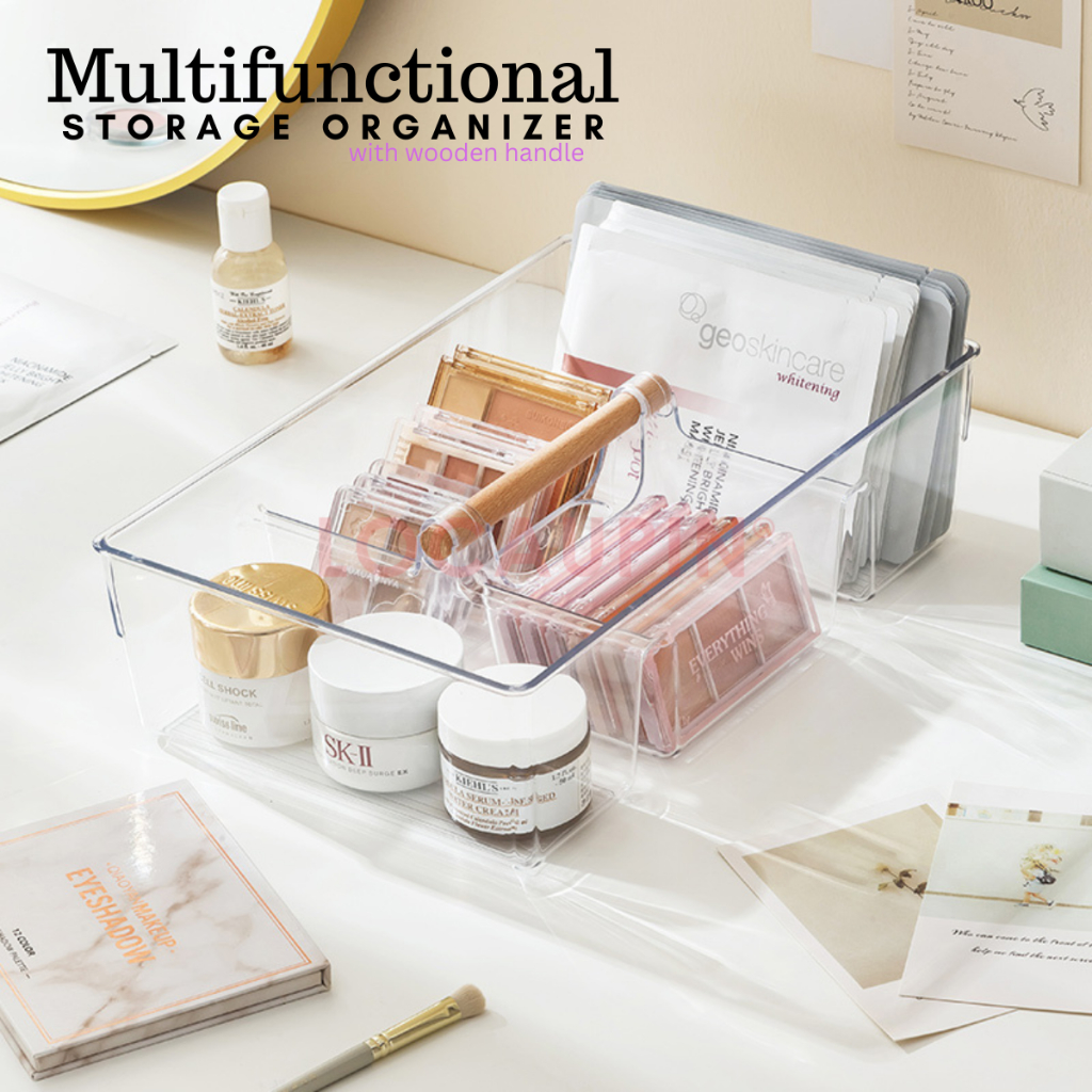 Multifunctional Storage Organizer w/ Wooden Handle Transparent Desk ...