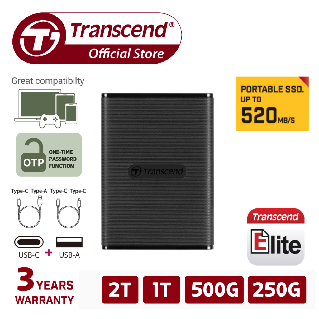 Transcend Portable SSD ESD270C 250GB/500GB/1TB/2TB USB Gen Type C Up  to 520MB/s