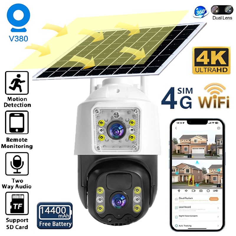 V380 Pro Solar 4G SIM CCTV Camera Dual Lens No Wifi Needed IP66 ...