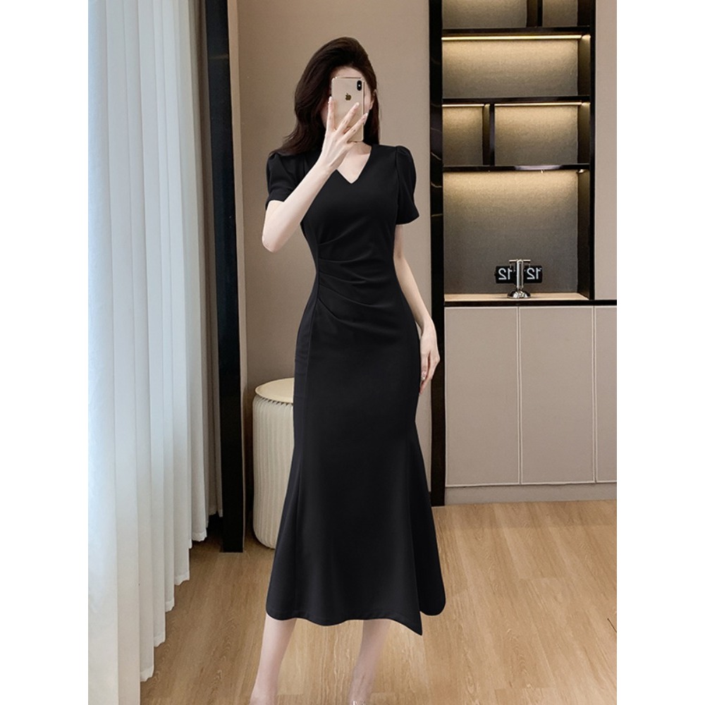 korean summer black midi dress with sleeves semi formal dress elegant slit  dress for woman casual xl | Shopee Philippines