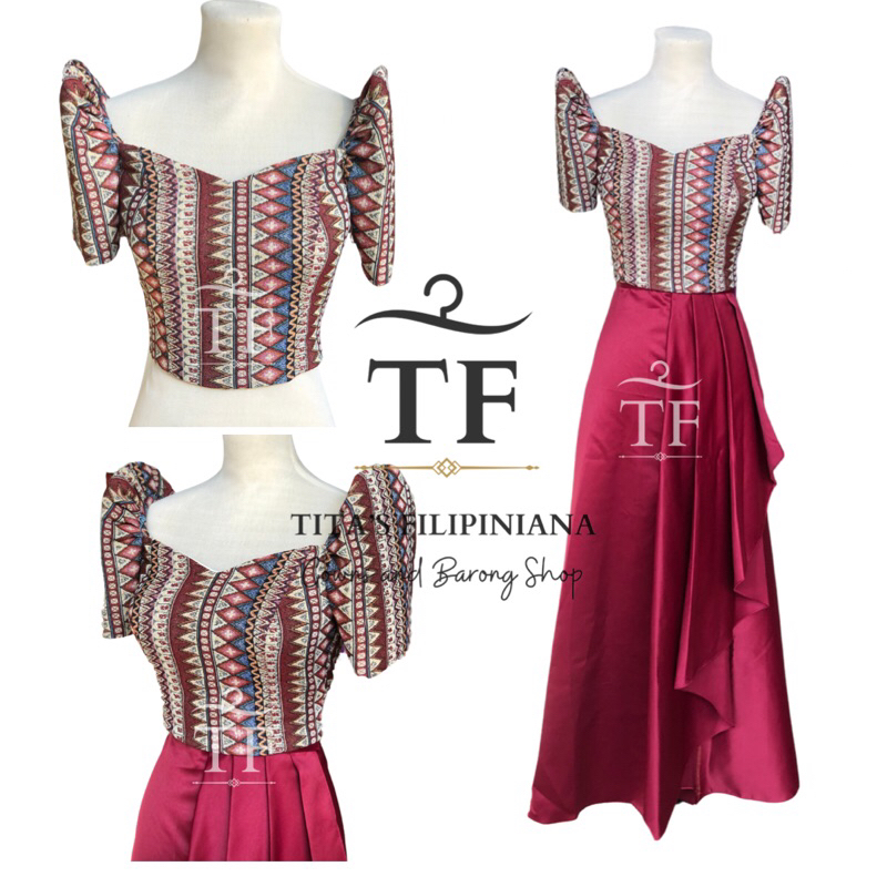 Modern Filipiniana Brown Ethnic with Maroon Overlap Skirt | Shopee ...