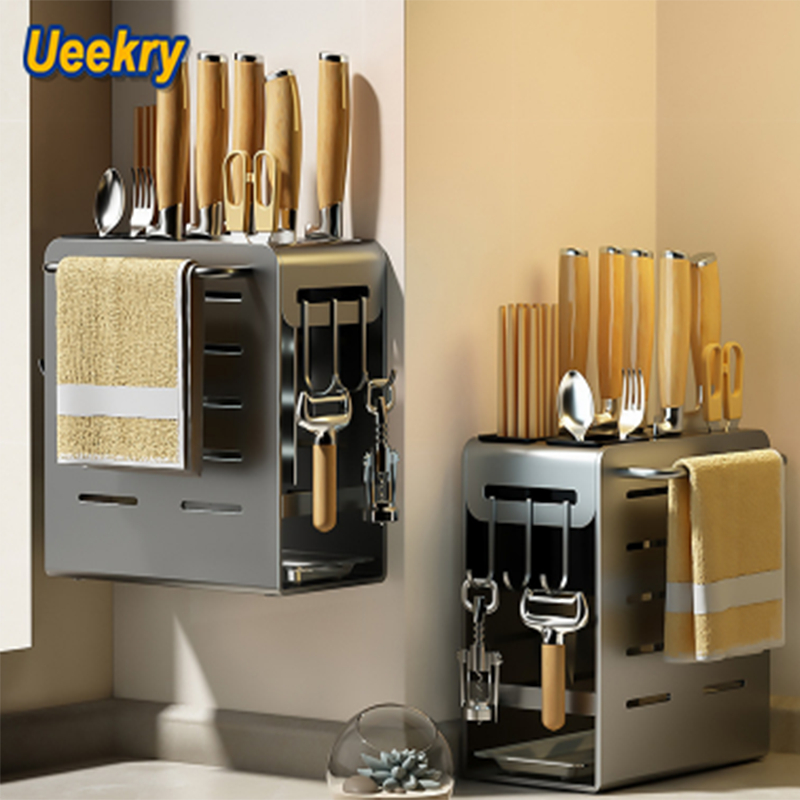 Multifunctional Kitchen Shelf No-Punch Integrated Knife Rack Wall ...
