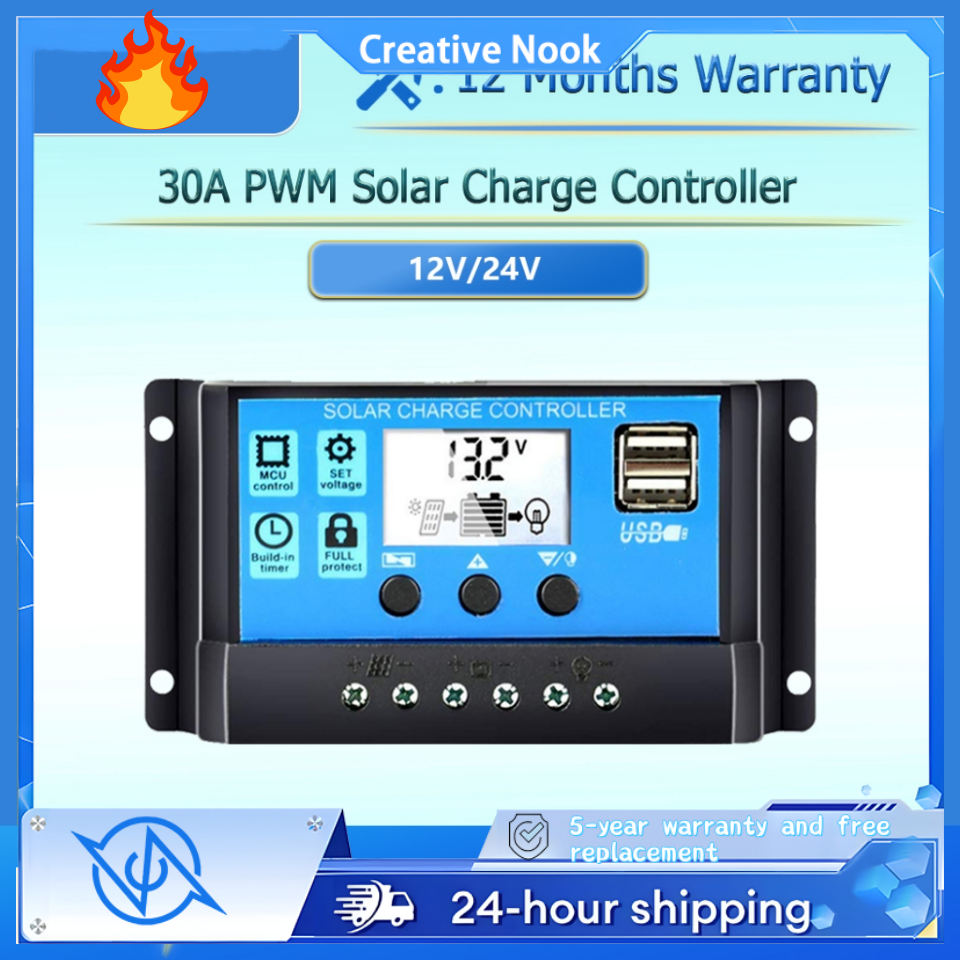 10A 30A PWM Solar Charge Controller 12V/24V Battery Regulator Solar ...