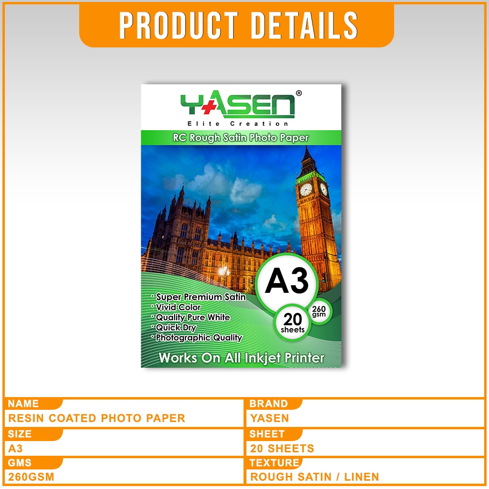 RC Photo Paper Yasen A3 260gsm Rough Satin & Linen (20 Sheets ...