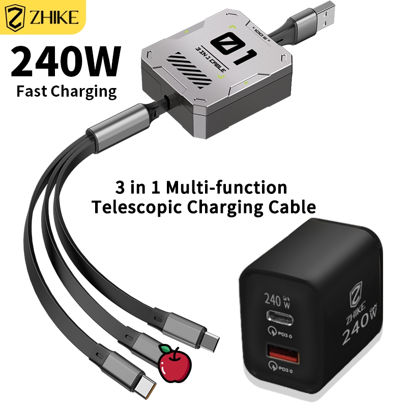 ZHIKE 3 in 1 Charger Adjustable Length for Type C USB 120W Fast