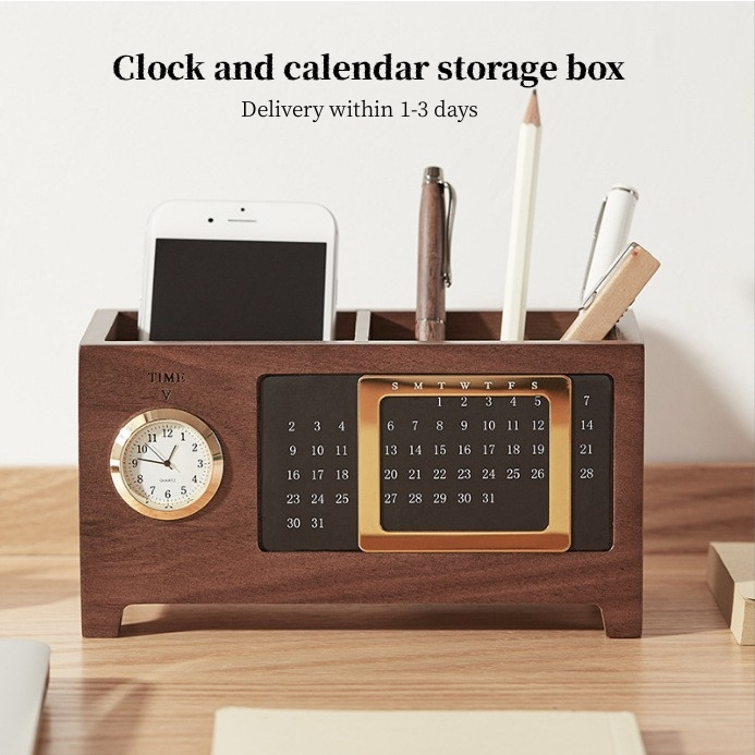 Solid wood multifunctional pen holder office desktop storage box clock ...