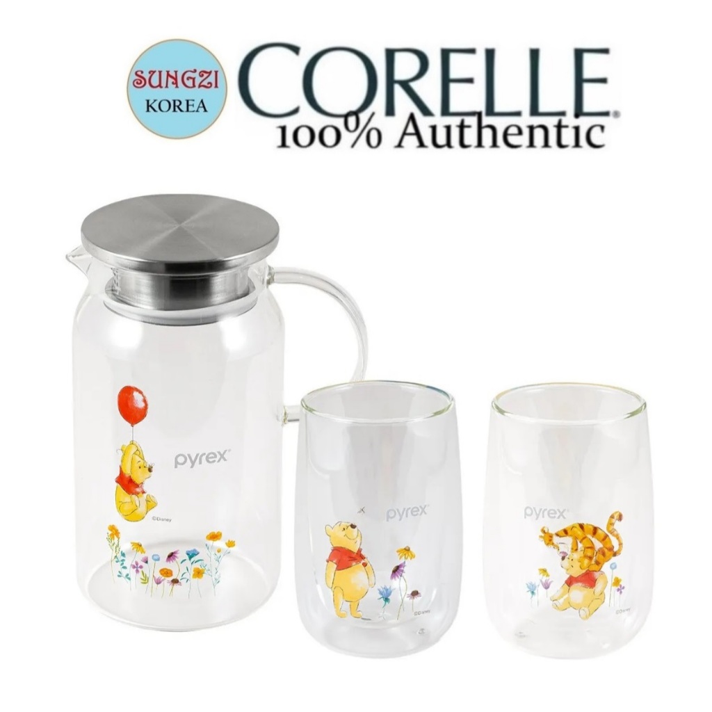 CORELLE X PYREX Glass Double Wall Mug Cup Water Bottle 3 Piece Set ...