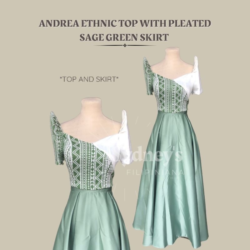 Andrea Ethnic Filipiniana Top with Pleated Sage Green Skirt High ...