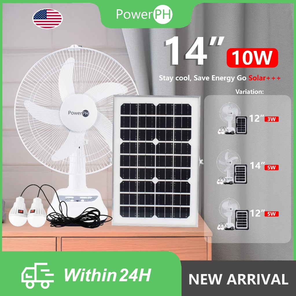 POWERPH 12 Inch 14 Inch Rechargeable Electric Solar Fan With 3W 5W 10W ...