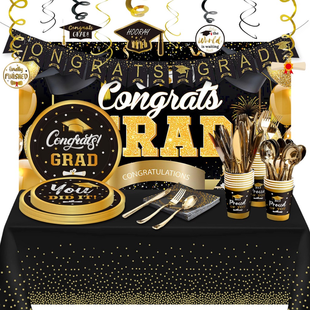 Black Gold Plates Cups Tableware Set Graduation Banner Backdrop Cloth ...