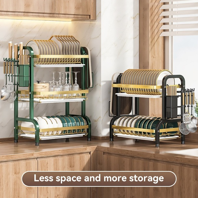 3-Tier Gold Dish Rack Kitchen Multi-Layer Dish Drying Rack Organizer ...